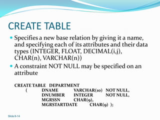 CREATE TABLE
  Specifies a new base relation by giving it a name,
   and specifying each of its attributes and their data
   types (INTEGER, FLOAT, DECIMAL(i,j),
   CHAR(n), VARCHAR(n))
  A constraint NOT NULL may be specified on an
   attribute
     CREATE TABLE DEPARTMENT
         (     DNAME      VARCHAR(10) NOT NULL,
               DNUMBER    INTEGER     NOT NULL,
               MGRSSN     CHAR(9),
               MGRSTARTDATE     CHAR(9) );

Slide 8-14
 