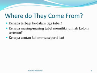 Where do They Come From?
 Kenapa terbagi ke dalam tiga tabel?
 Kenapa masing-masing tabel memiliki jumlah kolom
  tertentu?
 Kenapa urutan kolomnya seperti itu?




              Kalkulus Relasional                    8
 