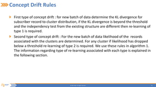 22© 2015 Flytxt. All rights reserved.
Concept Drift Rules
First type of concept drift : for new batch of data determine the KL divergence for
subscriber record to cluster distribution, if the KL divergence is beyond the threshold
and the independency test from the existing structure are different then re-learning of
type 1 is required.
Second type of concept drift : For the new batch of data likelihood of the records
associated with the clusters are determined. For any cluster if likelihood has dropped
below a threshold re-learning of type 2 is required. We use these rules in algorithm 1.
The information regarding type of re-learning associated with each type is explained in
the following section.
 