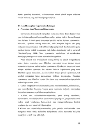 13
Seperti psikologi humanistik, eksistensialisme adalah sebuah respon terhadap
filosofi dominan yang positif dan yang diterapkan.
2.4 Model Konseptual Keperawatan Leininger
a. Pengertian Model Konseptual Keperawatan
Keperawatan transkultural merupakan suatu area utama dalam keperawatan
yang berfokus pada studi komparatif dan analisis tentang budaya dan sub-budaya
yang berbeda di dunia yang menghargai perilaku caring, layanan keperawatan,
nilai-nilai, keyakinan tentang sehat-sakit, serta pola-pola tingkah laku yang
bertujuan mengembangkan body of knowledge yang ilmiah dan humanistik guna
memberi tempat praktik keperawatan pada budaya tertentu dan budaya universal
(Marriner-Tomey, 1994). Teori keperawatan transkultural ini menekankan
pentingnya peran perawat dalam memahami budaya klien.
Peran perawat pada transcultural nursing theory ini adalah menjembatani
antara sistem perawatan yang dilakukan masyarakat awam dengan sistem
perawatan profesional melalui asuhan keperawatan. Oleh karena itu perawat harus
mampu membuat keputusan dan rencana tindakan keperawatan yang akan
diberikan kepada masyarakat. Jika disesuaikan dengan proses keperawatan, hal
tersebut merupakan tahap perencanaan, tindakan keperawatan. Tindakan
keperawatan yang diberikan kepada klien harus tetap memperhatikan tiga prinsip
asuhan keperawatan, yaitu :
1. Culture care preservation/maintenance, yaitu prinsip membantu, memfasilitasi,
atau memerhatikan fenomena budaya guna membantu individu menentukan
tingkat kesehatan dan gaya hidup yang diinginkan.
2. Culture care accommodation/negotiation, yaitu prinsip membantu,
memfasilitasi, atau memerhatikan fenomena budaya yang ada, yang merefleksikan
budaya untuk beradaptasi, bernegosiasi, atau mempertimbangkan kondisi
kesehatan dan gaya hidup individu atu klien.
3. Culture care repatterning/restructuring, yaitu prinsip merekonstruksi atau
mengubah desain untuk membantu memperbaiki kondisi kesehatan dan pola
hidup klien ke arah yang lebih baik.
 