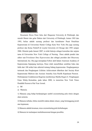 24
Rosemarie Rizzo Parse lulus dari Duquesne University di Pittsburgh, dan
meraih Master dan gelar Doktor dari University of Pittsburgh. Antara 1983 dan
1993, beliau adalah seorang profesor dan koordinator Pusat Penelitian
Keperawatan di Universitas Hunter College Kota New York. Dia juga seorang
profesor dan Ketua Niehoff di Loyola University di Chicago dari 1993 sampai
2006. Dimulai pada Januari 2007, ia telah bekerja sebagai konsultan dan sarjana
tamu di Universitas New York College of Nursing. Parse adalah pendiri dan
editor saat Triwulanan Ilmu Keperawatan, dan sebagai presiden dari Discovery
International, Inc. Dia juga merupakan Fellow aktif dalam American Academy of
Keperawatan. Sepanjang karirnya, Parse telah menerbitkan sembilan buku dan
lebih dari 100 artikel dan editorial tentang bidang keperawatan. Penghargaannya
termasuk dua Penghargaan Lifetime Achievement diberikan dari Society Riset
Keperawatan Midwest dan Asosiasi Amerika Asia Pasifik Kepulauan Perawat.
Perhimpunan Cendekiawan Rogerian memberinya Martha Rogers E. Penghargaan
Emas Slinky. Kemudian, pada tahun 2008, ia menerima New York Times
Pendidik Perawat of the Year Award.
c. Isi
a) Manusia.
1) Manusia yang hidup berdampingan sambil coconstituting pola ritmis dengan
alam semesta.
2) Manusia terbuka, bebas memilih makna dalam situasi, yang bertanggung jawab
atas keputusan.
3) Manusia adalah kesatuan, terus coconstituting pola berhubungan.
4) Manusia ini melampaui multidimensional dengan possibles
 