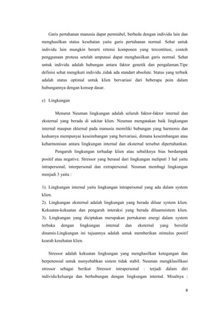 8
Garis pertahanan manusia dapat permiabel, berbeda dengan individu lain dan
menghasilkan status kesehatan yaitu garis pertahanan normal. Sehat untuk
individu lain mungkin berarti retensi komponen yang tercontitusi, contoh
penggunaan protesa setelah amputasi dapat menghasilkan garis normal. Sehat
untuk individu adalah hubungan antara faktor genetik dan pengalaman.Tipe
definisi sehat mengikuti individu ,tidak ada standart absolute. Status yang terbaik
adalah status optimal untuk klien bervariasi dari beberapa poin dalam
hubungannya dengan konsep dasar.
c) Lingkungan
Menurut Neuman lingkungan adalah seluruh faktor-faktor internal dan
eksternal yang berada di sekitar klien. Neuman mengatakan baik lingkungan
internal maupun ekternal pada manusia memiliki hubungan yang harmonis dan
keduanya mempunyai keseimbangan yang bervariasi, dimana keseimbangan atau
keharmonisan antara lingkungan internal dan eksternal tersebut dipertahankan.
Pengaruh lingkungan terhadap klien atau sebaliknya bias berdampak
positif atau negative. Stressor yang berasal dari lingkungan meliputi 3 hal yaitu
intrapersonal, interpersonal dan extrapersonal. Neuman membagi lingkungan
menjadi 3 yaitu :
1). Lingkungan internal yaitu lingkungan intrapersonal yang ada dalam system
klien.
2). Lingkungan eksternal adalah lingkungan yang berada diluar system klien.
Kekuatan-kekuatan dan pengaruh interaksi yang berada diluarnsistem klien.
3). Lingkungan yang diciptakan merupakan pertukaran energi dalam system
terbuka dengan lingkungan internal dan eksternal yang bersifat
dinamis.Lingkungan ini tujuannya adalah untuk memberikan stimulus positif
kearah kesehatan klien.
Stressor adalah kekuatan lingkungan yang menghasilkan ketegangan dan
berpotensial untuk menyebabkan sistem tidak stabil. Neuman mengklasifikasi
stressor sebagai berikut :Stressor intrapersonal : terjadi dalam diri
individu/keluarga dan berhubungan dengan lingkungan internal. Misalnya :
 