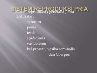 Sistem reproduksi ( genetalia ) pria
terdiri dari :
skrotum
penis
testis
epididimis
vas deferen
kel.prostat , vesika seminalis
dan Cowperi
 