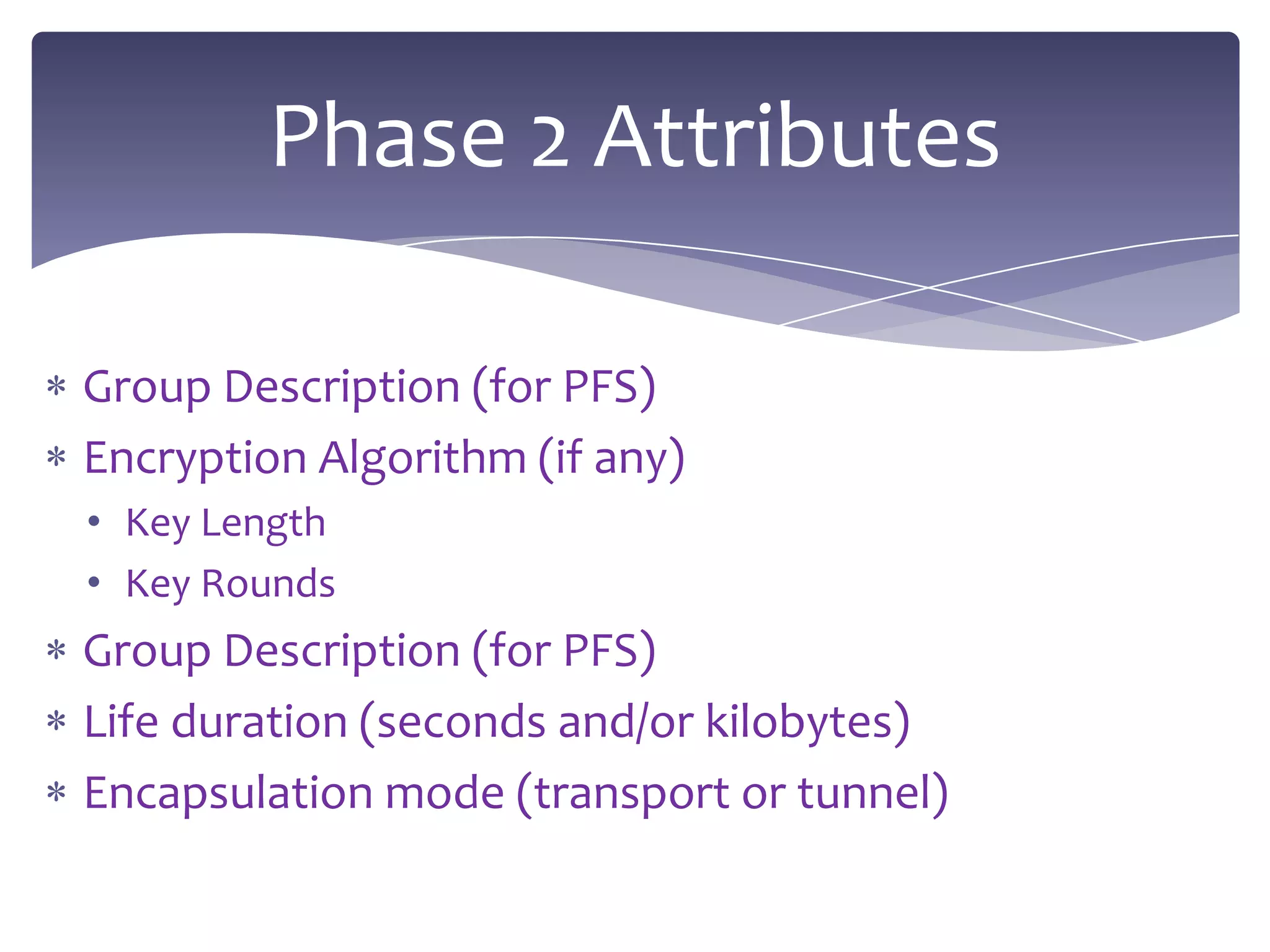 Phase 2 Attributes

Group Description (for PFS)
Encryption Algorithm (if any)
• Key Length
• Key Rounds
Group Description (for PFS)
Life duration (seconds and/or kilobytes)
Encapsulation mode (transport or tunnel)
 