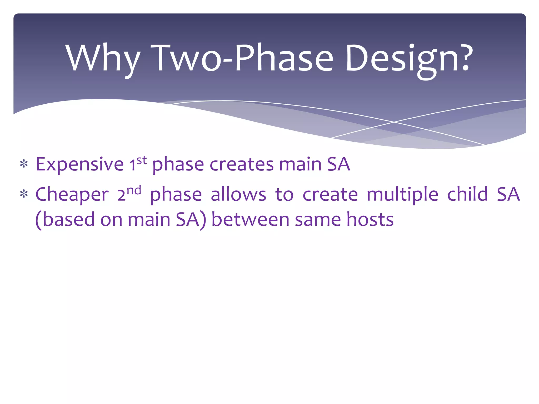 Why Two-Phase Design?

Expensive 1st phase creates main SA
Cheaper 2nd phase allows to create multiple child SA
(based on main SA) between same hosts
 