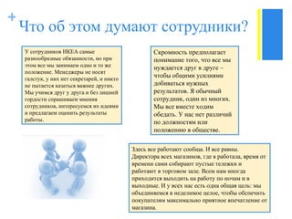 Что об этом думают сотрудники? У сотрудников ИКЕА самые разнообразные обязанности, но при этом все мы занимаем одно и то же положение. Менеджеры не носят галстук, у них нет секретарей, и никто не пытается казаться важнее других. Мы учимся друг у друга и без лишней гордости спрашиваем мнения сотрудников, интересуемся их идеями и предлагаем оценить результаты работы.  Скромность предполагает понимание того, что все мы нуждается друг в друге  –  чтобы общими усилиями добиваться нужных результатов. Я обычный сотрудник, один из многих. Мы все вместе ходим обедать. У нас нет различий по должностям или положению в обществе.  Здесь все работают сообща. И все равны. Директора всех магазинов, где я работала, время от времени сами собирают пустые тележки и работают в торговом зале. Всем нам иногда приходится выходить на работу по ночам и в выходные. И у всех нас есть одна общая цель: мы объединяемся в неделимое целое, чтобы обспечить покупателям максимально приятное впечатление от магазина .  