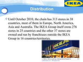 Distribution

 Until October 2010, the chain has 313 stores in 38
  countries, most of them in Europe, North America,
  Asia and Australia. The IKEA Group itself owns 276
  stores in 25 countries and the other 37 stores are
  owned and run by franchisees outside the IKEA
  Group in 16 countries/territories.
 