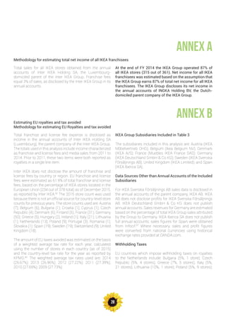 28
ANNEX A
ANNEX B
Total sales for all IKEA stores obtained from the annual
accounts of Inter IKEA Holding SA, the Luxembourg-
domiciled parent of the Inter IKEA Group. Franchise fees
equal 3% of sales, as disclosed by the Inter IKEA Group in its
annual accounts.
At the end of FY 2014 the IKEA Group operated 87% of
all IKEA stores (315 out of 361). Net income for all IKEA
franchisees was estimated based on the assumption that
the IKEA Group earns 87% of total net income for all IKEA
franchisees. The IKEA Group discloses its net income in
the annual accounts of INGKA Holding BV, the Dutch-
domiciled parent company of the IKEA Group.
Total franchise and license fee expense is disclosed as
income in the annual accounts of Inter IKEA Holding SA
(Luxembourg), the parent company of the Inter IKEA Group.
The totals used in this analysis include income characterized
as franchise and license fees and media sales from 2011 to
2014. Prior to 2011, these two items were both reported as
royalties in a single line item.
Inter IKEA does not disclose the amount of franchise and
license fees by country or region. EU franchise and license
fees were estimated as 61.9% of total franchise and license
fees, based on the percentage of IKEA stores located in the
European Union (234 out of 378 total) as of December 2015,
as reported by Inter IKEA.85
The 2015 store count was used
because there is not an official source for country-level store
counts for previous years. The store counts used are: Austria
(7); Belgium (6); Bulgaria (1); Croatia (1); Cyprus (1); Czech
Republic (4); Denmark (6); Finland (5); France (31); Germany
(50); Greece (5); Hungary (2); Ireland (1); Italy (21); Lithuania
(1); Netherlands (13); Poland (9); Portugal (3); Romania (1);
Slovakia (1); Spain (19); Sweden (19); Switzerland (9); United
Kingdom (18).
The amount of EU taxes avoided was estimated on the basis
of a weighted average tax rate for each year, calculated
using the number of stores in each country (as of 2015)
and the country-level tax rate for the year as reported by
KPMG.86
The weighted average tax rates used are: 2014
(26.67%); 2013 (26.96%); 2012 (27.22%); 2011 (27.39%);
2010 (27.69%); 2009 (27.73%).
IKEA Group Subsidiaries Included in Table 3
The subsidiaries included in this analysis are: Austria (IKEA
Möbelvertrieb OHG); Belgium (Ikea Belgium NV); Denmark
(IKEA A/S); France (Muebles IKEA France SAS); Germany
(IKEA Deutschland GmbH & Co KG); Sweden (IKEA Svenska
Försäljnings AB); United Kingdom (IKEA Limited); and Spain
(IKEA Iberica SA).
Data Sources Other than Annual Accounts of the Included
Subsidiaries
For IKEA Svenska Försäljnings AB sales data is disclosed in
the annual accounts of the parent company, IKEA AB. IKEA
AB does not disclose profits for IKEA Svenska Försäljnings
AB. IKEA Deutschland GmbH & Co KG does not publish
annual accounts. Sales revenues for Germany are estimated
based on the percentage of total IKEA Group sales attributed
by the Group to Germany. IKEA Iberica SA does not publish
full annual accounts; sales figures for Spain were obtained
from Infocif.87
Where necessary, sales and profit figures
were converted from national currencies using historical
exchange rates provided at OANDA.com.
Withholding Taxes
EU countries which impose withholding taxes on royalties
to the Netherlands include: Bulgaria (5%, 1 store); Czech
Republic (5%, 4 stores); Greece (7%, 5 stores); Italy (5%,
21 stores); Lithuania (10%, 1 store); Poland (5%, 9 stores);
Methodology for estimating total net income of all IKEA franchisees
Estimating EU royalties and tax avoided
Methodology for estimating EU Royalties and tax avoided
 