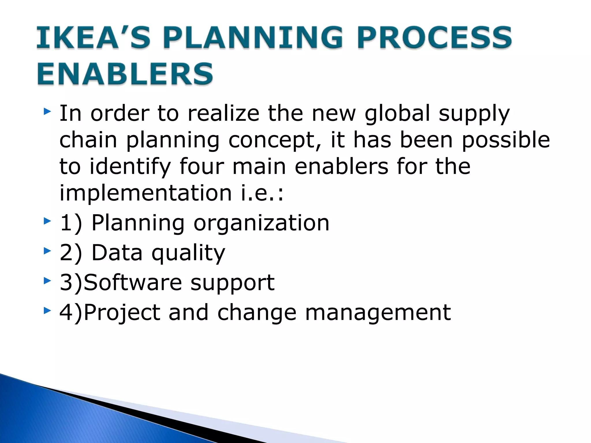  In order to realize the new global supply
chain planning concept, it has been possible
to identify four main enablers for the
implementation i.e.:
 1) Planning organization
 2) Data quality
 3)Software support
 4)Project and change management
 