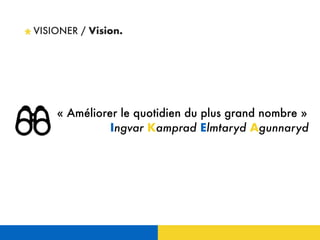 VISIONER / Vision.
« Améliorer le quotidien du plus grand nombre »
Ingvar Kamprad Elmtaryd Agunnaryd
 