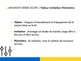 IMITATION VÄRDE SCOPE / Valeur Imitation Périmètre.
Valeur : Magasin d’ameublement et d’équipement de la
maison basé sur le kit.
Imitation : Avantage car leader du marché, large offre à
bas prix et libre service.
Périmètre : En évolution, avec la création de nouveaux
services.
 