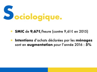 Sociologique.
SMIC de 9,67€/heure (contre 9,61€ en 2015)
Intentions d’achats déclarées par les ménages
sont en augmentation pour l’année 2016 : 5%
 