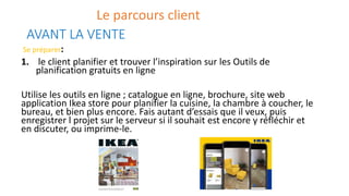 AVANT LA VENTE
Se préparer:
1. le client planifier et trouver l’inspiration sur les Outils de
planification gratuits en ligne
Utilise les outils en ligne ; catalogue en ligne, brochure, site web
application Ikea store pour planifier la cuisine, la chambre à coucher, le
bureau, et bien plus encore. Fais autant d’essais que il veux, puis
enregistrer l projet sur le serveur si il souhait est encore y réfléchir et
en discuter, ou imprime-le.
Le parcours client
 