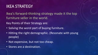 IKEA STRATEGY
Ikea's forward-thinking strategy made it the top
furniture seller in the world.
Key Points of their Strategy are:
• Solving the worst part of buying furniture.
• Hitting the right demographic. (Resonate with young
people)
• Not expensive, but not too cheap.
• Stores are a destination.
 
