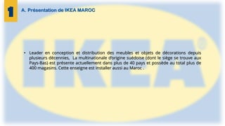 A. Présentation de IKEA MAROC
• Leader en conception et distribution des meubles et objets de décorations depuis
plusieurs décennies, La multinationale d’origine suédoise (dont le siège se trouve aux
Pays-Bas) est présente actuellement dans plus de 40 pays et possède au total plus de
400 magasins. Cette enseigne est installer aussi au Maroc .
 