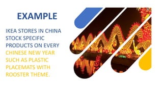EXAMPLE
IKEA STORES IN CHINA
STOCK SPECIFIC
PRODUCTS ON EVERY
CHINESE NEW YEAR
SUCH AS PLASTIC
PLACEMATS WITH
ROOSTER THEME.
 