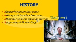 • I(Ingvar)-founders first name
• K(Kampard)-founders last name
• E(Elamtaryd)-farm where he grew up
• A(Agunnaryd)-Home village