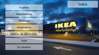 Índice
A cadeia
Fornecedores
Produtos
Embalagens
Centros de distribuição
Lojas
Os clientes!
 
