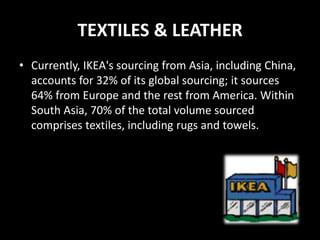 TEXTILES & LEATHER
• Currently, IKEA's sourcing from Asia, including China,
accounts for 32% of its global sourcing; it sources
64% from Europe and the rest from America. Within
South Asia, 70% of the total volume sourced
comprises textiles, including rugs and towels.
 