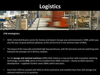 Logistics
LTW Intralogistics
• IKEA’s initial distribution centre for Central and Eastern Europe was commissioned in 1989, which was
also the year of great political upheaval, at the rail terminal in the Austrian town of Wels.
• The layout of the manually controlled high-bay warehouse, with 20 rack lanes and one switching aisle,
followed the example set in Älmhut, Sweden.
• For its storage and retrieval machines (SRM) IKEA relied on a new partner with innovative switching
technology, namely LTW, which at first installed three SRMs and then – thanks to IKEA’s dynamic
development – supplied a further seven SRMs within two years.
• Since then LTW has worked with IKEA on three continents and installed more than 220 storage and
retrieval machines in 11 countries.
 
