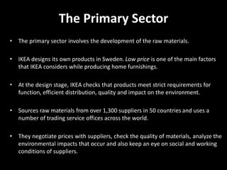 The Primary Sector
• The primary sector involves the development of the raw materials.
• IKEA designs its own products in Sweden. Low price is one of the main factors
that IKEA considers while producing home furnishings.
• At the design stage, IKEA checks that products meet strict requirements for
function, efficient distribution, quality and impact on the environment.
• Sources raw materials from over 1,300 suppliers in 50 countries and uses a
number of trading service offices across the world.
• They negotiate prices with suppliers, check the quality of materials, analyze the
environmental impacts that occur and also keep an eye on social and working
conditions of suppliers.
 