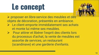 Le concept
 proposer en libre-service des meubles et des
objets de décoration, présentés en ambiance.
 Le client emporte immédiatement ses achats
et monte lui même ses meubles.
 Pour attirer et libérer l'esprit des clients lors
du processus d'achat, la vente de meubles est
assortie de services, un restaurant
(scandinave) et une garderie d'enfants.
10
 