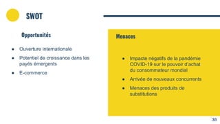 ● Ouverture internationale
● Potentiel de croissance dans les
payés émergents
● E-commerce
● Impacte négatifs de la pandémie
COVID-19 sur le pouvoir d’achat
du consommateur mondial
● Arrivée de nouveaux concurrents
● Menaces des produits de
substitutions
SWOT
Opportunités Menaces
38
 
