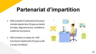 ● IKEA possède 43 partenaires de bureaux
d’achats répartis dans 33 pays qui testent
les idées, négocient les prix, contrôlent la
qualité des fournisseurs.
● IKEA entretient un réseau de 1 600
fournisseurs répartis dans 55 pays qu’elle
a à cœur de fidéliser.
Partenariat d’impartition
60
 