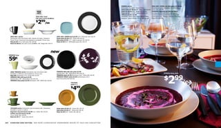 DINERA series                                IKEA 365+ IVRIG red wine glass $2.99/ea
                                                                                                                                                      Stoneware. Designer: Susan Pryke.            Mouthblown glass. Designer: Ola Wihlborg.
                                                                                                                                                      Deep plate $2.99/ea Ø9. Beige 900.919.20    16 oz. 501.330.69
                                                                                                                                                      Plate $2.99/ea Ø10. Beige 100.570.67        CHARMIG ﬂatware set $39.99/20pcs
                                                                                                                                                      Plate $4.99 L12×W8. Beige 500.919.22        Includes four of each: fork, knife, spoon,
                                                                                                                                                      VÄNLIG pitcher $2.99                         teaspoon and dessert/salad fork. Stainless
                                            IKEA 365+ bowl                                                                                            Stackable; saves space when stored. Glass.   steel and plastic. Designer: Marcus Arvonen.
                                            last year's price $3.99/ea                                                                                Designer: Henrik Preutz. 34 oz. 101.316.99   Black 601.290.00


                                               2
                                            $ 99
                                                          /ea




       IKEA 365+ series                                                      IKEA 365+ DRÖM bowl $3.99 6×6. Multicolor 301.324.24
       Dishwasher and microwave safe. Glazed porcelain. Designer:            Deep plate $3.99 Ø10. White 900.444.67
       Susan Pryke. Assorted colors/patterns available. Prices vary.         Side plate $3.99 7×7. Light turquoise 101.334.91
       Mug $2.99 10 oz. Dark gray 201.324.48                                 Plate $7.99 Ø13. White/dark gray 601.334.79
       Bowl $2.99/ea Last year’s price $3.99/ea Ø6. Beige 901.334.73




                                                                   new
      FÄRGRIK mug


      59¢

       new FÄRGRIK series Dishwasher and microwave safe.                     FÄRGRIK MELLAN side plate $2.99
       Available in different colors/patterns. Prices vary.                  Earthenware. Ø8. White/black 001.644.35                                                                                               DINERA deep plate



                                                                                                                                                                                                                    $ 99
                                                                                                                                                                                                                          2
       Mug 59¢ Stoneware. 8 oz. Green 601.317.67                             FÄRGRIK plate $2.99 Stoneware. Ø11. Black 601.316.49
       FÄRGRIK MELLAN bowl $2.99                                             FÄRGRIK HÖGST plate $4.99 Earthenware. Ø12.
       Earthenware. Ø6. White/black 201.644.39                              Dark lilac/white 001.644.78
       FÄRGRIK deep plate $2.99 Stoneware. Ø9. White 201.316.65
                                                                                                   TRIVSAM
                                                                                                   plate Ø13
                                                                                                                                                                                                                                                  /ea
                                                                                                   $
                                                                                                       499


       TRIVSAM series Dishwasher and microwave safe. Stoneware.              Deep plate $3.99 Ø9. Green 901.326.33
       Available in green or yellow.                                         Side plate $3.99 Ø9. Yellow 601.326.39
       Espresso cup and saucer $2.99 4 oz. Yellow 301.333.91                 Plate $4.99 Ø13. Green 401.326.35
       Coffee cup and saucer $3.99
       13 oz. Green 501.333.90
       Bowl $2.99 Ø7. Green 001.326.42



314    C O O K I N G A N D E AT I N G    S E E M O R E C O O R D I N AT E D D I N N E R W A R E S E R I E S AT I K E A - U S A . C O M / E AT I N G                                                                                                     315
 