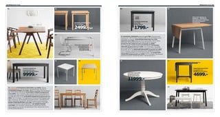 184 Обеденные столы

Обеденные столы 185

01

08

02

09

Этот стол сделан из
бамбука – прочного,
долговечного и быстро
возобновляемого
материала

ÖLMSTAD/ОЛМСТАД
стол 1999.90×70, В73см

NORDEN/НОРДЕН стол,
74×74, В75см

2499.-/шт

1799.-

03

Если этот стеклянный
стол разложить,
то за ним можно
рассадить еще
больше гостей

04

05

06

07 JOKKMOKK/JOKKMOKK стол и 4 стула 7499.- Массив сосны/
морилка/лак. 118×74, В74см. Под антик 502.111.04 Дополните стулья
подушками на сиденье. 08 ÖLMSTAD/ОЛМСТАД стол 1799.(прежняя цена 1999.-) Массив сосны/морилка/лак. 90×70, В73см.
Коричнево-черный 802.403.84 Есть другие цвета и размеры.
09 IKEA PS 2012/ИКЕА ПС 2012 складной стол 6999.На 2–4 человека. 74/106/138×80, В74см 202.068.06 10 LIATORP/
ЛИАТОРП раздвижной стол 11999.- На 4–6 человек. 1 вкладная
доска позволяет регулировать размер столешницы. Ø110, Д155, В74см.
Белый 802.142.57 11 INGATORP/ИНГАТОРП складной стол 4699.На 2–4 человека. Массив сосны/морилка/лак. 59/88/117×78, В73см.
Черно-коричневый 802.214.27 Есть другие цвета. 12 TRANETORP/
ТРАНЕТОРП раздвижной стол 11999.- На 4–6 человек. Массив дуба/
дубовый шпон/лак. 143/203×90, В74см. Черный 502.423.13

10

11

BJURSTA/БЬЮРСТА
раздвижной стол,
140/180/220×84, В74см

INGATORP/ИНГАТОРП
складной стол,
59/88/117×78, В73см

01 новинка STOCKHOLM/СТОКГОЛЬМ стол 19999.- Массив
ясеня/морилка/лак. 170×85, В72см. Под грецкий орех 602.257.23
02 NORDEN/НОРДЕН стол 2499.-/шт На 2 человека. Массив березы/
лак. 74×74, В75см 100.591.65 03 GLIVARP/ГЛИВАРП раздвижной
стол 12999.- На 4–6 человек. Один человек сможет легко раздвинуть
стол без чьей-либо помощи. Хромированная сталь, закаленное стекло.
125/188×85см 302.175.26 04 BJURSTA/БЬЮРСТА раздвижной стол
9999.- На 4–8 человек. 2 вкладные доски позволяют регулировать размер столешницы. ДСП/ясеневый шпон/морилка/лак. 140/180/220×84,
В74см. Коричнево-черный 301.162.64 Есть другие цвета и размеры.
05 MELLTORP/МЕЛЬТОРП стол 1799.- На 2 человека. Сталь, ДСП/
пленка. 75×75, В74см. Белый 598.499.77 06 TORSBY/ТОРСБИ
стол 6599.- На 4 человека. Столешница из закаленного стекла:
легко содержать в чистоте. Хромированная сталь, закаленное стекло.
135×85, В74см 598.929.37

4699.-

LIATORP/ЛИАТОРП
раздвижной стол,
Ø110, Д155, В74см

9999.-

11999.-

07

12

Увеличить размер стола очень
просто: раздвиньте каркас
с ножками и установите
дополнительную столешницу

 