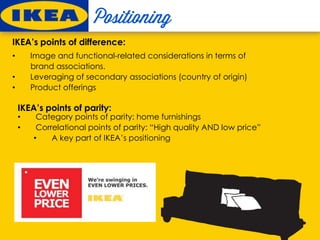 • Image and functional-related considerations in terms of
brand associations.
• Leveraging of secondary associations (country of origin)
• Product offerings
IKEA’s points of difference:
• Category points of parity: home furnishings
• Correlational points of parity: “High quality AND low price”
• A key part of IKEA’s positioning
IKEA’s points of parity:
 