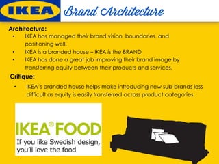 • IKEA has managed their brand vision, boundaries, and
positioning well.
• IKEA is a branded house – IKEA is the BRAND
• IKEA has done a great job improving their brand image by
transferring equity between their products and services.
Critique:
• IKEA’s branded house helps make introducing new sub-brands less
difficult as equity is easily transferred across product categories.
Architecture:
 