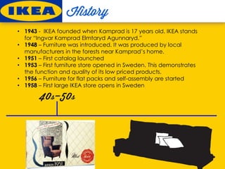 • 1943 - IKEA founded when Kamprad is 17 years old. IKEA stands
for “Ingvar Kamprad Elmtaryd Agunnaryd.”
• 1948 – Furniture was introduced. It was produced by local
manufacturers in the forests near Kamprad’s home.
• 1951 – First catalog launched
• 1953 – First furniture store opened in Sweden. This demonstrates
the function and quality of its low priced products.
• 1956 – Furniture for flat packs and self-assembly are started
• 1958 – First large IKEA store opens in Sweden
 
