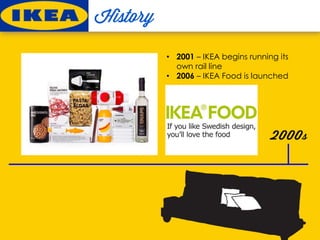 • 2001 – IKEA begins running its
own rail line
• 2006 – IKEA Food is launched
 