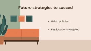 Future strategies to succed
● Hiring policies
● Key locations targeted
 