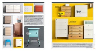 212 Chest of drawers

Chest of drawers 213

02

01

03

Untreated solid wood.
Can be laquered,
stained or painted
any way you like.

10

11 MALM
3-drawer chest

7999

$

RAST
3-drawer chest

3499

$
04

05

STOCKHOLM
4-drawer chest

399

$

06

01 NYVOLL 6-drawer dresser $299 Drawers with integrated dampers close
gently. Foil finish. RA. W57½×D19⅝×H31½". Light gray/white 602.302.44
02 BIRKELAND 6-drawer dresser $299 Smooth running drawers with
pull-out stop. Painted finish. RA. W63×D20½×H35⅞". White 101.805.24
03 HEMNES 3-drawer chest $149 Stained, clear lacquered solid pine. RA.
W42½×D19⅝×H37⅜". Red 602.426.33 04 HEMNES 6-drawer chest $249
Stained, clear lacquered solid pine. RA. W42½×D19⅝×H51⅛". Gray-brown
002.392.71 05 New STOCKHOLM 4-drawer chest $399 The distinctive
grain pattern in the walnut veneer gives each piece of furniture a unique
character. RA. W19⅛×D15¾×H41⅞". Walnut veneer 702.450.23
06 MALM 6-drawer chest $149 Painted and clear lacquered oak veneer.
RA. W31½×D18⅞×H48⅜". White stained oak veneer 601.786.13 07 SELJE
nightstand $29.99 Powder-coated steel. RA. W13¾×D14⅝×H21⅞". Blue
902.432.78 08 MANDAL 4-drawer chest $229 RA. W31⅛×D18⅞×H40½".
White/birch 401.763.18 09 VETTRE nightstand $49.99 Powder-coated
steel. RA. W18⅛×D18⅛×H26⅜". Turquoise 002.226.28

09

12
Soft-closing drawers are
great for getting ready
in the morning without
waking your partner.

13

14

4999

$

07

08

Charge your phone
or tablet inside this
nightstand. VETTRE is
prepared for cords.

10 RAST 3-drawer chest $34.99 Untreated solid pine. RA. W24⅜×D11¾×H27½". 753.057.09 11 MALM 3-drawer chest $79.99 SKUBB boxes (sold separately)
fit inside to keep drawers organized. Painted finish. RA. W31½×D18⅞×H30¾". White 402.145.51 12 SVEIO 5-drawers chest $249 Smooth running, self-closing
drawers with pull-out stops. Painted finish. Designer: Sigga Heimis. RA. W30⅜×D18⅞×H52⅜". White 702.196.94 13 FJELL 4-drawer chest $299 In the drawer
is a removable insert where you can put all your small things. Solid pine. Designer: T Christensen/K Legaard. RA. W37¾×D19⅝×H35⅞". 402.226.26 14 BRIMNES
4-drawer dresser $129 Smooth running drawers with pull-out stop. Foil finish and tempered glass. Designer: K Hagberg/M Hagberg. RA. W30¾×D16⅛×H48⅞".
White 502.180.25
RA=Requires Assembly

Scan this page with your mobile device to see more

VETTRE
nightstand

 