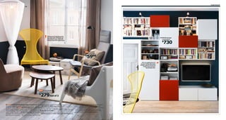 Organizing 45

05

Mixing and matching only
has one rule: If things are
beautiful to you, they will
always have the right style.

06 BESTÅ storage
combination

730

$

04

03

NOLBYN
high-back chair

5999

$

If it’s in sight then it’s
in your mind. Give your
things a good home and
make it part of your
decoration too.

02

01

STOCKHOLM
nesting tables

279/set of 2

$

01 New STOCKHOLM nesting tables $279/set of 2 The distinctive grain pattern in the walnut veneer gives each table a unique character. Solid wood and walnut veneer.
Designer: Ola Wihlborg. RA. L28⅜×W18½×H14⅛". 102.397.13 02 IKEA PS VÅGÖ easy chair $29.99 Polypropylene. Designer: Thomas Sandell. W29⅛×D36¼×H28".
White 101.746.41 03 New NOLBYN high-back chair $59.99 The armchair is easy to keep clean because the cushions are machine washable. Clear lacquered birch veneer
and polyester. Designer: Jooyeon Lee. RA. W25¼×D31½×H44⅛". Gray 702.338.31 04 IKEA PS 2012 easy chair $149 Powder-coated and galvanized steel. Designer:
Wiebke Braasch. W29½×D33⅛×H44⅛". Yellow 302.049.01 05 BRYNE net $19.99 Easy-care; machine washable fabric. 100% polyester and polypropylene plastic. Ø22,
L90½". White 443.610.10 06 BESTÅ storage combination $730 The shelves are adjustable, to fit the height of what you want to store. Lighting sold separately.
Foil finish. RA. W129⅞×D7⅞/15¾×H105½". White/orange
BESTÅ planner at IKEA-USA.com/BESTAplanner
RA=Requires Assembly All textiles shown are imported.

 