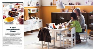 76 Children’s IKEA

02

04 STUVA storage
combination

304

$
01

A new
perspective on
dining
What happens if you let the ones who matter the most
decide when, where and what to eat? It might give you
a new way to look at eating. So, grow down and have
dinner fnger-style.
01 DUKTIG coffee/tea set $9.99/10pcs
WARNING: Not suitable for
children under 8 years of age. Toy made of breakable materials. Risk for small parts
and sharp edges. Miniature tea and coffee cups, and café latte mugs for play.
Stoneware. Tested and approved for food contact. Multicolor 001.301.48
02 DUKTIG mini-kitchen combination $99.99 Recommended for children
3 years and older. Hot plates with light diodes that can be switched on and off
(battery operated, sold separately). Clear lacquered, painted finish. Polypropylene
plastic. Designer: Mikael Warnhammar. RA. W28⅜×D15¾×H42½". Birch plywood/
white 498.745.33 03 SUNDVIK series Stained, clear lacquered solid pine. RA.
White Children’s table $39.99/ea L29⅞×W19⅝×H19⅝". 102.016.73
Children’s chair $19.99/ea W11×D11⅜×H21⅝". 601.963.58
04 STUVA storage combination $304 Low storage to match your child’s height;
makes it easier for them to reach and organize their things. Foil finish and stained,
clear lacquered solid pine. Designer: Ebba Strandmark. RA. W94½×D11¾×H25¼".
Black-brown 498.975.44
RA=Requires Assembly

03 SUNDVIK
children’s table

3999/ea

$

 