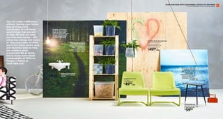 SCAN THIS PAGE WITH YOUR MOBILE DEVICE TO SEE MORE
For more information on how to scan see page 9.

You can make a difference
without leaving your home,
just by living more
sustainably. It’s all those
small things that are part
of daily life that can save
you time and money – like
using less energy and water,
or reducing waste. At IKEA,
you’ll find many smart, easy
and beautiful ways to help
you create a more
sustainable life at home.
Get to know more about
sustainability at IKEA on
People + Planet at
IKEA-USA.com

By 2016, we’ll switch
all the lamps and light
bulbs we sell to LED.
LED uses up to 85% less
energy and lasts up to
20 times longer than
incandescent bulbs.
DIODER LED fexible light strip
Built-in LED light source.
Polycarbonate plastic.
Requires assembly. L39".
Multicolor 601.923.55

We sort large amounts
of waste for recycling.
Today, 88% of waste in
IKEA stores worlwide is
sent for recycling or
used for energy
production, but our goal
is to reach 100%.

4999/ea

$

All faucets from IKEA
have a water-saving
device.
LOCKSTA easy chair
302.396.51
See page 30.

LÖVET side table was,
in 1955, the first flat
pack product sold at
IKEA. Now it’s back as
LÖVBACKEN. By
packing things flat, we
lower transportation
emissions together –
from factory to store
to home.

4999/ea

$

LÖVBACKEN side
table 802.701.25
See page 178.

5999

$

 