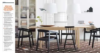 96 Eating

06

›Which is your
favorite color?
By sticking to just
a few coordinated
colors, you will keep
the room calm.‹

Adding glass doors to
BILLY means plenty of
dust-free storage for
glasses, serving plates
and bowls – and still you
get that airy feel.

05 JÄRA shade

2999/ea

$

01 New STOCKHOLM rug,
flatwoven $199/ea
Durable, soil-resistant wool surface.
100% Pure New Wool surface.
Cotton warp. Imported. Designer:
Kazuyo Nomura. W5'7"×L7'10".
Net pattern/brown 602.394.09
02 BJURSTA extendable table $199
Seats 4-8. Extendable dining
table with two extra leaves.
Clear lacquered birch veneer.
Designer: Tord Björklund. RA.
L55⅛/70⅞/86⅝×W33⅛×H29⅛".
001.162.65
For more dining tables, see
IKEA-USA.com/dining

If you want to add a
decorative touch and
make the chair even
more comfortable, you
can complement with
ESBJÖRN cover.

03 AGAM junior chair $39.99
Gives the right seat height for the
child at the dining table. Painted
beech. RA. W16⅛×D16⅞×H31⅛".
Black 702.535.41

02

04 New ESBJÖRN chair $89/ea
Chair is extra comfortable because
it has armrests to support your
arms and a rounded back. Stained,
clear lacquered beech. Designer:
E Strandmark/J Karlsson. RA.
W23¼×D21⅝×H28". Black
502.011.95 Shown with ESBJÖRN
chair cover $35 Linen and
viscose/rayon. Imported. RA.
⅜" thick. Natural 902.011.98
05 JÄRA shade $29.99/ea Textile
shade spreads a diffused and
decorative light. Powder-coated
steel. PET plastic, polyester, and
cotton shade. RA. Ø22, H14".
White 402.414.89 Shown with
HEMMA cord set $5 101.758.10
See page 199.
06 BILLY bookcase with glass-door
$160/ea Adjustable shelves can be
arranged according to your needs.
Foil finish and tempered glass.
Designer: Gillis Lundgren/
K Hagberg/M Hagberg. RA.
W31½×D11×H79½".
White 690.066.41
RA=Requires Assembly
For picking with delivery,
see p. 313.

01

STOCKHOLM rug

199/ea

$

03

ESBJÖRN

04
chair

89/ea

$

 