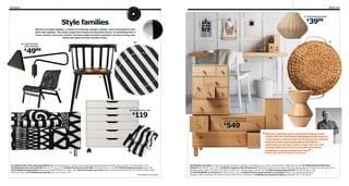 152 Styles

Styles 153

11 HELG pendant lamp

3999

$

Style families
We have brought together a variety of materials, designs, details, colors and patterns that
work well together. The styles range from simple and beautiful basics, to something that is
richer, warmer and more colorful. Let these pages provide inspiration on how to bring new
styles and ideas into your family’s home.

12

04

01 IKEA PS 2012
LED wall lamp

4999

$

10

09
08

03

14

02

06 ALEX drawer unit

119

$

13 IKEA PS 2012 chest of
drawers + add-on unit

549

$

“ Natural materials give a pleasant feeling in any to
home. We are constantly developing new ways

07
05

01 IKEA PS 2012 LED wall lamp $49.99 Built-in LED light source. Powder-coated steel/aluminum and polycarbonate. Max L35, W22". RA. Black 002.117.00
02 NOLMYRA easy chair $39.99 402.335.35 See p. 20. 03 IKEA PS 2012 armchair $85 702.068.04 See p. 134. 04 TICKAR tableware series See p. 296.
05 KLIPPAN loveseat $299 Storlien black/white 199.281.51 See p. 168. 06 ALEX drawer unit $119 Casters included. Painted finish. RA. W26⅜×D18⅞×H26".
White 401.962.41 07 EIVOR throw $19.99 102.121.29 See p. 139.
RA=Requires Assembly

treat wood surfaces that will bring out the natural
beauty of the wood and make it durable to
withstand scratches, coffee, heat, etc. It’s not
enough that the surface is durable and looks
pleasing, it needs to feel nice, too.
Bengt Ling, Surface treatment developer

”

08 SIGURD chair $65 Foil finish and painted solid birch. Designer: Ola Wihlborg. RA. W18⅛×D18⅛×H30¾". White 802.011.46 09 TORNLIDEN/NIPEN table
$109.99 299.309.07 See p. 186. 10 KNUFF magazine files $9.99/set of 2 Untreated wood; can be treated with oil or glazing paint for a personal touch and a more
durable surface. Sizes: 3½×9½×12¼" and 3⅞×9⅞×12¼". Birch plywood. 501.873.40 11 HELG pendant lamp $39.99 502.269.59 See p. 199.
12 KASTANJENÖT bowl $9.99 202.418.19 See p. 225. 13 IKEA PS 2012 chest and add-on unit $549 Tinted, clear lacquered solid pine.
Designer: Ehlén Johansson. RA. W51⅛×D18⅞×H42⅞⁄52⅜". 098.989.70 14 SEKIN serving bowl $7.99/ea Solid birch. Ø11". 200.784.51

 