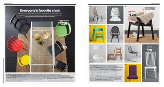 182 Dining chairs

Dining chairs 183

06

07

08

Add the ESBJÖRN chair
cover to the ESBJÖRN
chair for extra comfort.

Everyone’s favorite chair

ESBJÖRN
chair

124

Fine dining isn’t about the silverware or fancy napkins. It’s about coming together and
creating a moment that feels just as good as it tastes. So why not let everyone bring
their own favorite chair to the table? Comfort is individual.

$

STOCKHOLM

02
chair

119

$
01

09

10

11

12

03

04 SIGURD
chair

65

Scan this page with your mobile device to see more

$

13

NORRNÄS
chair

79

$

05

01 IKEA PS 2012 high-back chair with armrests $95 Painted solid birch and steel. RA. W22⅞×D22⅞×H38¼". Black 002.067.94
02 New STOCKHOLM chair $119 You can easily find your own favorite position thanks to the chair’s generous design. RA. W22⅞×D19⅝×H29⅞". Green
602.462.21 03 IKEA PS 2012 armchair $85 Rounded back for additional sitting comfort. Reinforced polypropylene. W20½×D18⅛×H29⅞". Red 402.132.74
04 SIGURD chair $65 Shaped back and scooped seat for increased sitting comfort. RA. W18⅛×D18⅛×H30¾". Black 002.522.48 05 AGAM junior chair $39.99
Gives the right seat height for the child at the dining table. W16⅛×D16⅞×H31⅛". Black 702.535.41 06 PREBEN chair $119 Acrylic blend fixed seat cover. Matte
chrome-plated steel. RA. W17¾×D20⅛×H35⅜". Brown-black/Tenö light gray 002.013.34
See more chairs in the IKEA store.
RA=Requires Assembly All textiles shown are imported.

14

07 VILMAR chair $39 Stackable. Clear lacquered birch plywood.
Chrome-plated steel. RA. W20½×D21⅝×H35". Black stripe 998.897.54
08 New ESBJÖRN chair $124 Stained, clear lacquered solid beech and beech
plywood. Linen and viscose/rayon cover. RA. W23¼×D21⅝×H28".
Black/beige 999.276.09 09 FRODE folding chair $39.99/ea Powder-coated
steel. W17¾×D21⅝×H31½". Turquoise 402.177.95 10 ÄLMSTA chair $99
Stained, clear lacquered rattan and bamboo. W23⅝×D23⅝×H37¾".
Black 802.340.19 11 ADDE chair $12.50 Stackable. Polypropylene.
Powder-coated steel. RA. W15⅜×D18½×H30⅜". White 102.191.78
12 KAUSTBY chair $49/ea Stained, clear lacquered pine. RA. Gray-brown
002.457.57 13 TOBIAS chair $79 Polycarbonate plastic. Chrome-plated steel.
RA. W21⅝×D22×H32¼". Gray 901.853.20 14 NORRNÄS chair $79 Cotton
blend fixed cover. Painted birch. RA. W16½×D20⅞×H37". White/Isunda gray
601.853.07 15 HENRIKSDAL chair $99 Removable cotton/polyester cover.
RA. W21¼×D22⅞×H38¼". Birch/Dansbo lilac 098.929.68

15

 