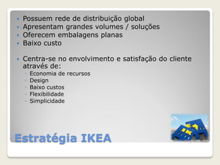 Estratégia IKEA
 Possuem rede de distribuição global
 Apresentam grandes volumes / soluções
 Oferecem embalagens planas
 Baixo custo
 Centra-se no envolvimento e satisfação do cliente
através de:
◦ Economia de recursos
◦ Design
◦ Baixo custos
◦ Flexibilidade
◦ Simplicidade
 
