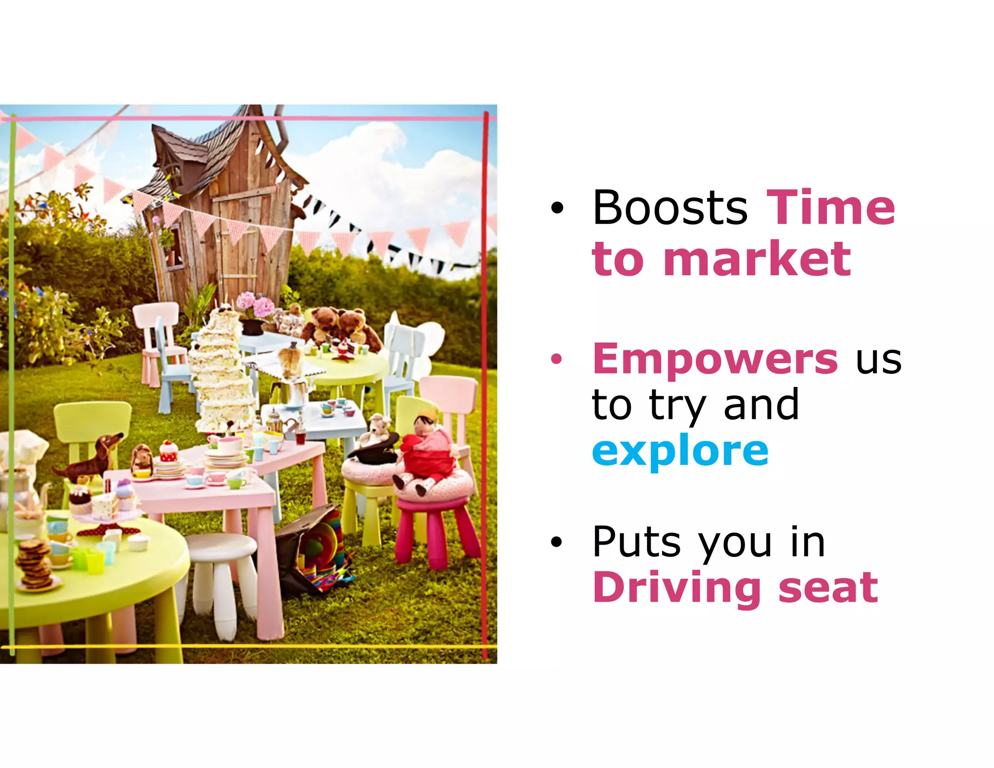 • Boosts Time 
to market 
• Empowers us 
to try and 
explore 
• Puts you in 
Driving seat 
 