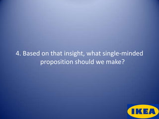 4. Based on that insight, what single-minded
        proposition should we make?
 