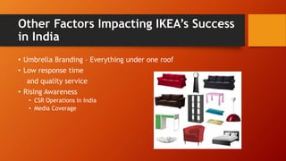 Other Factors Impacting IKEA’s Success
in India
• Umbrella Branding – Everything under one roof
• Low response time
and quality service
• Rising Awareness
• CSR Operations in India
• Media Coverage
 