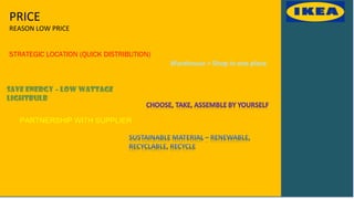 PRICE
REASON LOW PRICE
STRATEGIC LOCATION (QUICK DISTRIBUTION)
SAVE ENERGY – LOW WATTAGE
LIGHTBULB
PARTNERSHIP WITH SUPPLIER
Warehouse + Shop in one place