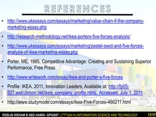 • http://www.ukessays.com/essays/marketing/value-chain-if-the-company-marketing- 
essay.php 
• http://research-methodology.net/ikea-porters-five-forces-analysis/ 
• http://www.ukessays.com/essays/marketing/pestel-swot-and-five-forces-analysis- 
of-ikea-marketing-essay.php 
• Porter, ME, 1985, Competitive Advantage: Creating and Sustaining Superior 
Performance, Free Press 
• http://www.writework.com/essay/ikea-and-porter-s-five-forces 
• Profile: IKEA, 2011, Innovation Leaders, Available at: http://fp05- 
527.web.dircon.net/ikea_company_profile.htmL Accessed, July 1, 2011 
• http://www.studymode.com/essays/Ikea-Five-Forces-466211.html 
ROSLIN HISHAM B ABD HAMID- GP02687 | (TTTU6414) INFORMATION SCIENCE AND TECHNOLOGY 17/17 

