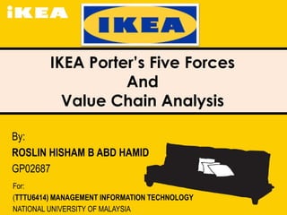 IKEA Porter’s Five Forces 
And 
Value Chain Analysis 
By: 
ROSLIN HISHAM B ABD HAMID 
GP02687 
For: 
(TTTU6414) MANAGEMENT INFORMATION TECHNOLOGY 
NATIONAL UNIVERSITY OF MALAYSIA 
 