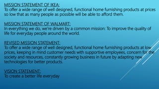 MISSION STATEMENT OF IKEA:
To offer a wide range of well designed, functional home furnishing products at prices
so low that as many people as possible will be able to afford them.
MISSION STATEMENT OF WALMART:
In everything we do, we’re driven by a common mission: To improve the quality of
life for everyday people around the world.
REVISED MISSION STATEMENT:
To offer a wide range of well designed, functional home furnishing products at low
prices, keeping in mind customer needs with supportive employees, concern for the
society and resources, constantly growing business in future by adapting new
technologies for better products.
VISION STATEMENT:
To create a better life everyday
 